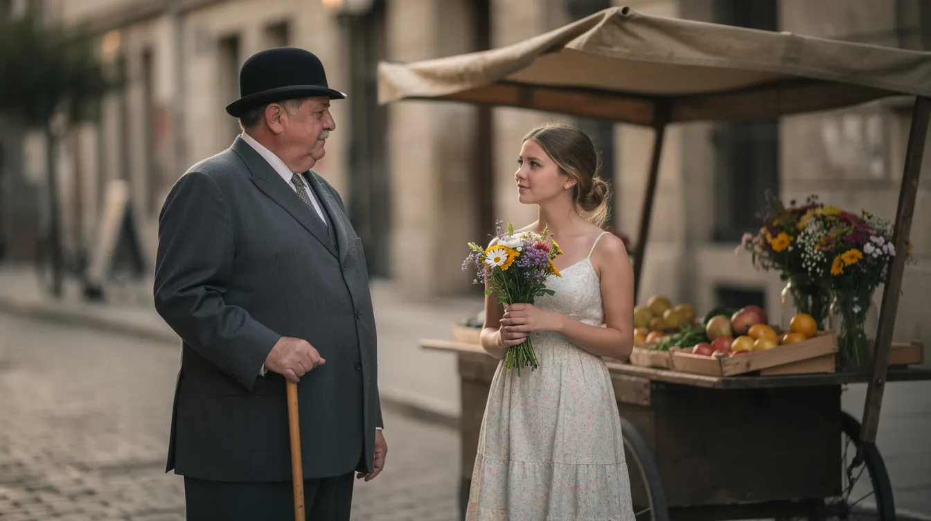 Ein Mann in einem übergroßen Anzug mit Melone und Stock steht neben einer jungen Frau, die Blumen in der Hand hält, vor einem einfachen Straßenstand. Die Szene erinnert an die Charaktere aus den Filmen von Charlie Chaplin, während im Hintergrund die Lichter der Großstadt leuchten.