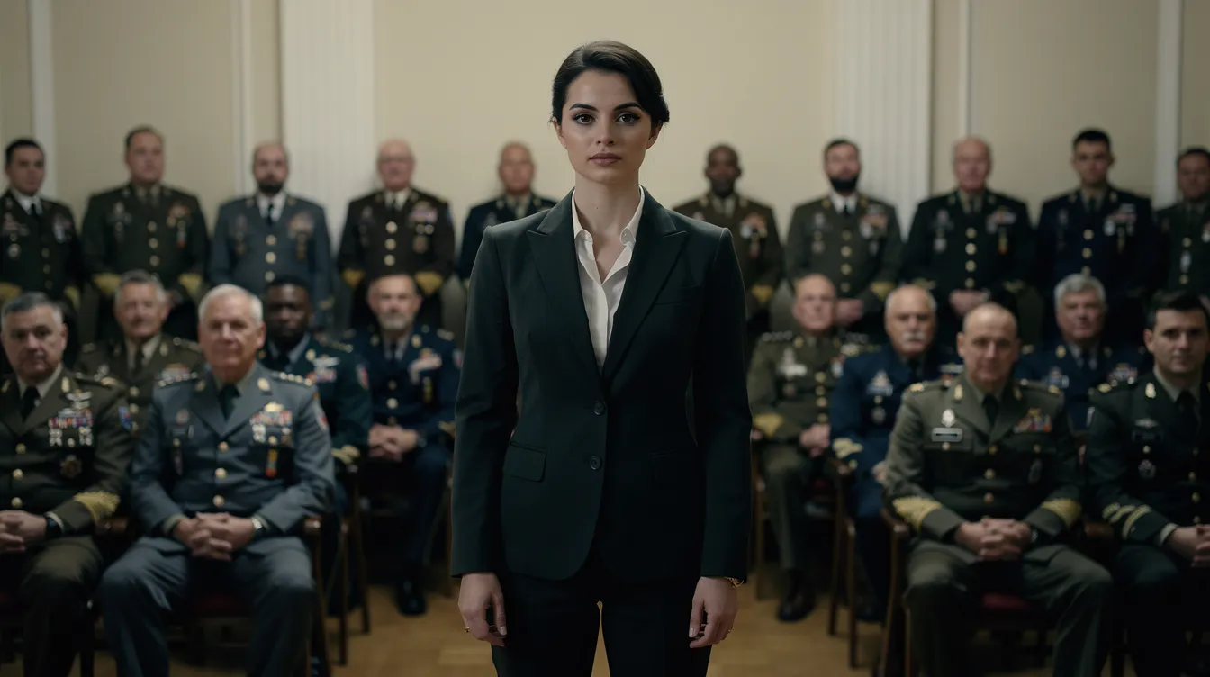 Eine junge Frau in einem dunklen Anzug steht allein in einem Raum, umgeben von Männern in Uniform, während die Kamera aus einer leichten Untersicht filmt. Diese Szene erinnert an die intensive Atmosphäre aus "Das Schweigen der Lämmer", in der die Agentenanwärterin Clarice Starling sich mit mächtigen Figuren auseinandersetzt.