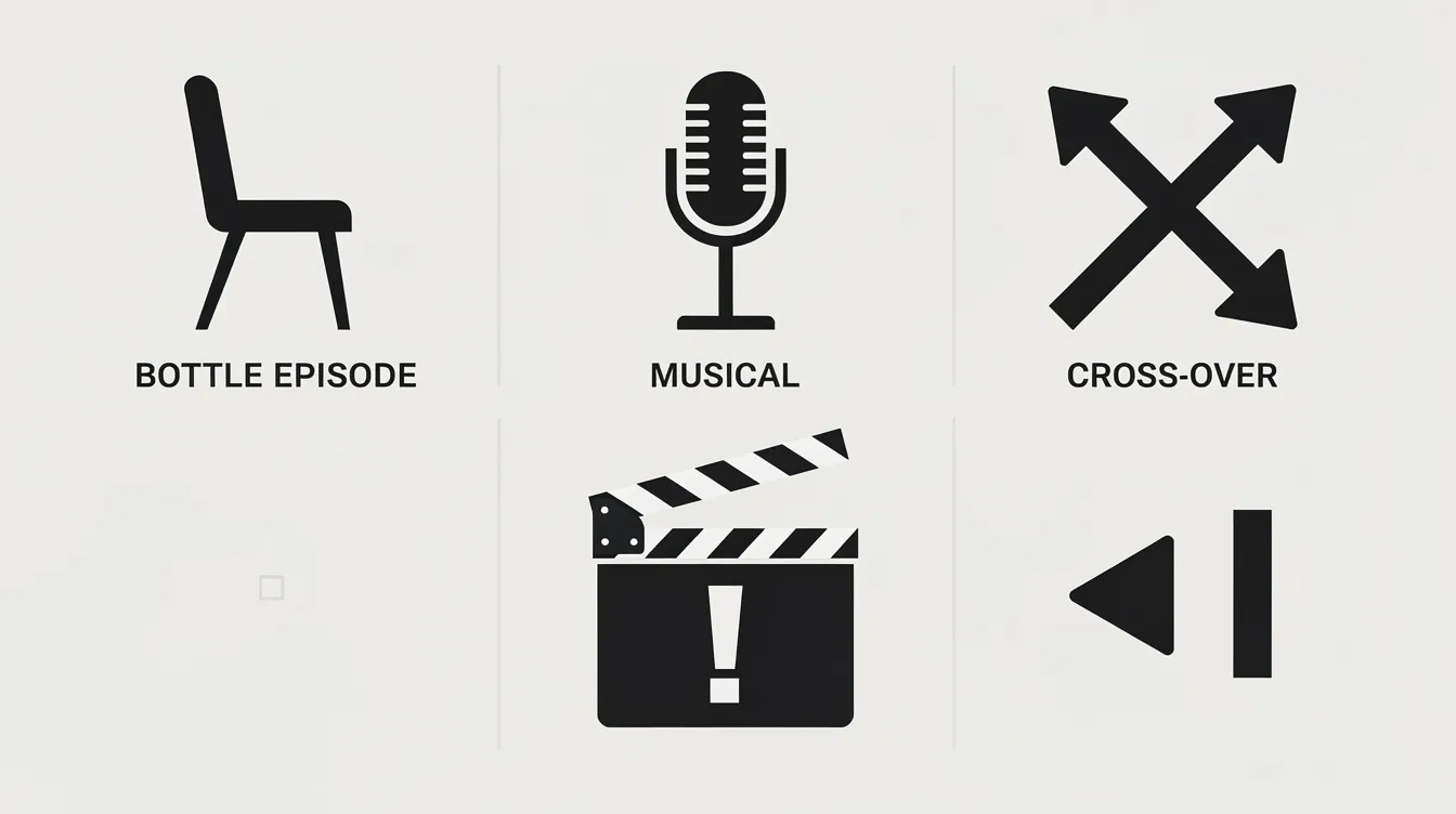 Das Bild zeigt ein Raster mit verschiedenen abstrakten Symbolen: Ein einzelner Stuhl repräsentiert die "Bottle Episode", ein Mikrofon steht für das Genre "Musical", während zwei sich kreuzende Pfeile ein "Cross-Over" darstellen. Zusätzlich ist eine Filmklappe mit einem Ausrufezeichen und ein Rückspulsymbol zu sehen, die alle auf besondere Episoden in Serien hinweisen.