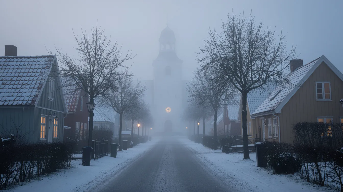 Das Bild zeigt ein nebelverhangenes dänisches Dorf im Winter, in dem kleine Häuser und eine Kirche im Hintergrund zu sehen sind. Kahle Bäume säumen eine schmale Straße, die durch die ruhige, winterliche Landschaft führt und eine melancholische Atmosphäre vermittelt, die an die Themen von Thomas Vinterbergs Film "Die Jagd" erinnert.