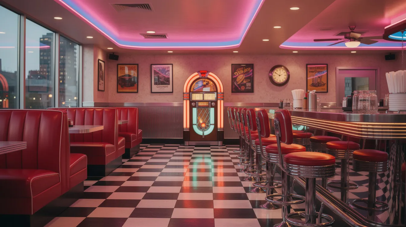 Das Bild zeigt das stilvolle Interieur eines Retro-Diners im Stil der 1950er-Jahre, ausgestattet mit roten Lederpolstern, Neonbeleuchtung und einem schwarz-weiß karierten Boden. Diese Szenerie erinnert an die nostalgische Atmosphäre von Filmen wie "Once Upon a Time in Hollywood" und könnte perfekt in einem Quentin Tarantino Film platziert sein.