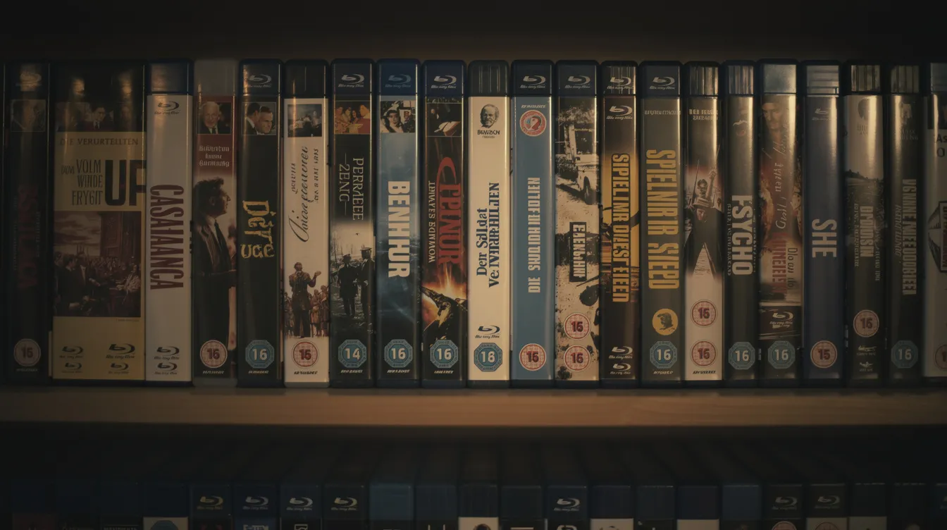Das Bild zeigt ein Regal, das mit verschiedenen Filmklassikern auf Blu-ray-Hüllen gefüllt ist, stimmungsvoll beleuchtet und ordentlich angeordnet. Unter den Titeln befinden sich Meisterwerke wie "Taxi Driver" von Martin Scorsese, das die Geschichte des Vietnamveteranen Travis Bickle in New York erzählt.