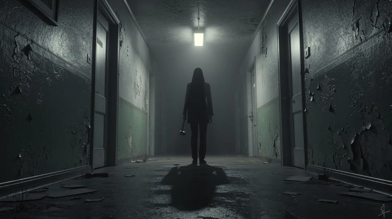 Ein düsterer, schwach beleuchteter Korridor zeigt eine einzelne Figur mit einem Hammer in der Hand, während dramatische Schatten an den Wänden tanzen. Diese Szene könnte als Teil einer spannungsgeladenen Handlung in einem Film dienen, die zur Analyse von Figuren und deren Emotionen anregt.