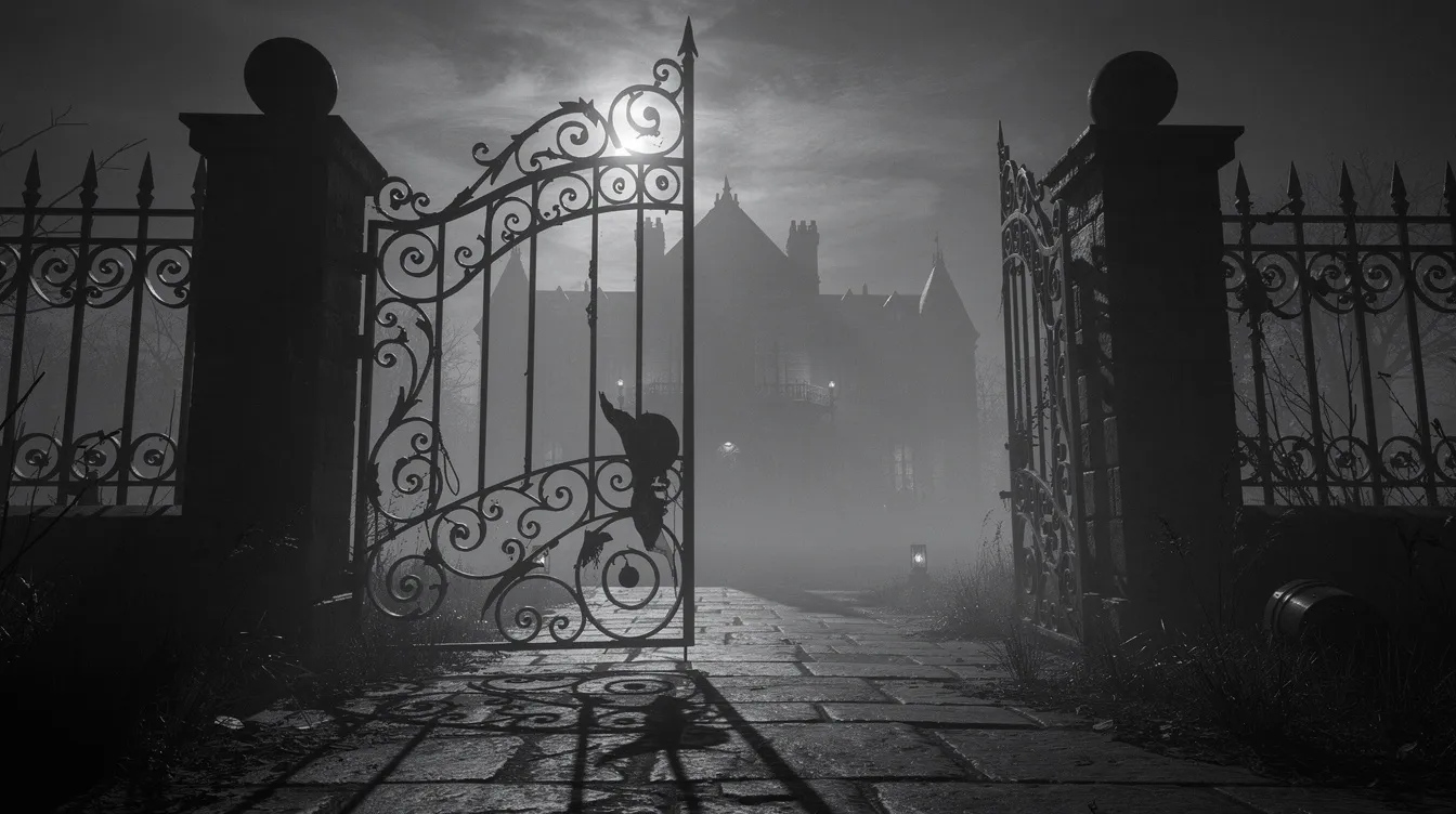 Ein düsteres Schwarz-Weiß-Bild zeigt ein schmiedeeisernes Tor, das vor einem nebligen und dunklen Anwesen bei Nacht steht. Die dramatischen Schatten und Kontraste verleihen der Szene eine geheimnisvolle Atmosphäre, die an die Themen von "Citizen Kane" erinnert.