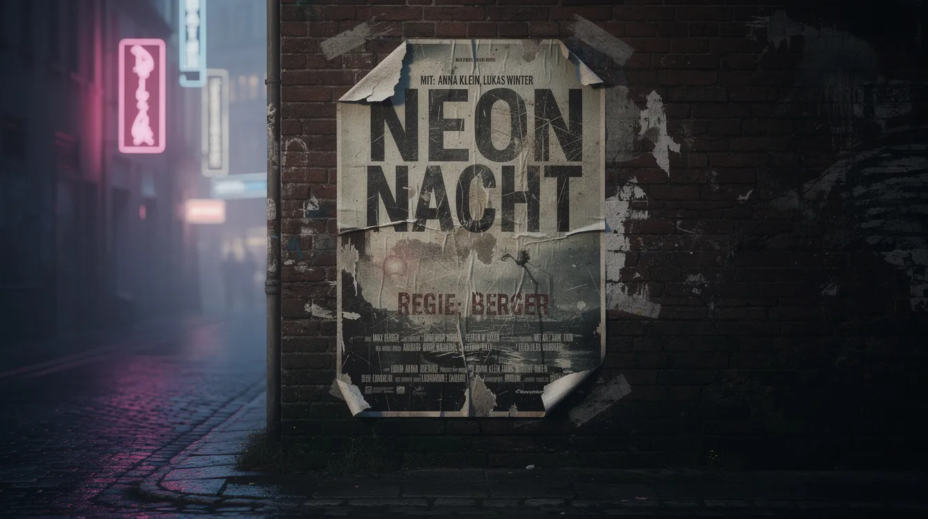 Das verwitterte Filmplakat von "Fight Club" ist an einer Backsteinwand befestigt und zeigt Risse sowie Abnutzungsspuren. In der abendlichen Atmosphäre einer Großstadtgasse beleuchten Neonlichter die Szene, während die Charaktere Tyler Durden und Marla Singer in den Gedanken der Zuschauer lebendig werden.