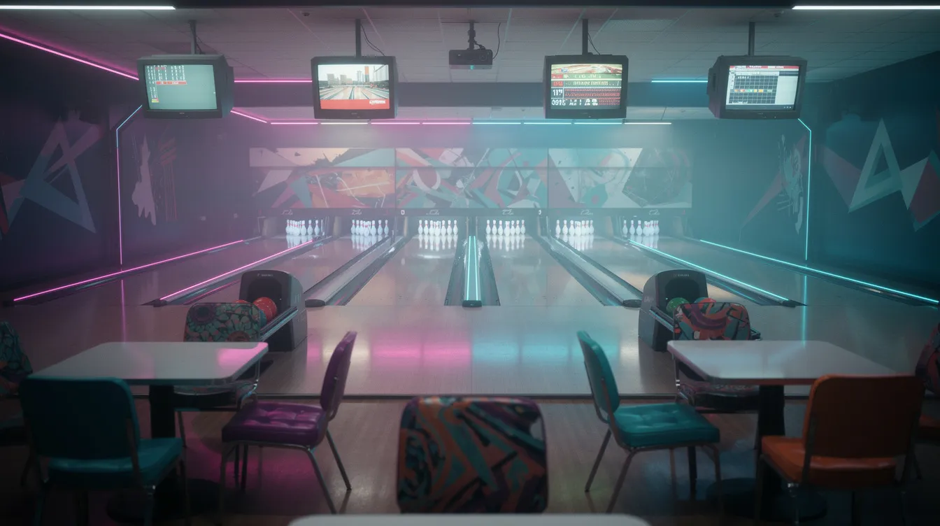 Die Bowlinghalle ist in einem nostalgischen 90er-Jahre-Stil gestaltet, mit polierten Bahnen und bunten Retro-Sitzen, die von einer lebhaften Neonbeleuchtung umgeben sind. Diese Atmosphäre erinnert an den Kultfilm "The Big Lebowski", in dem Bowling eine zentrale Rolle spielt.