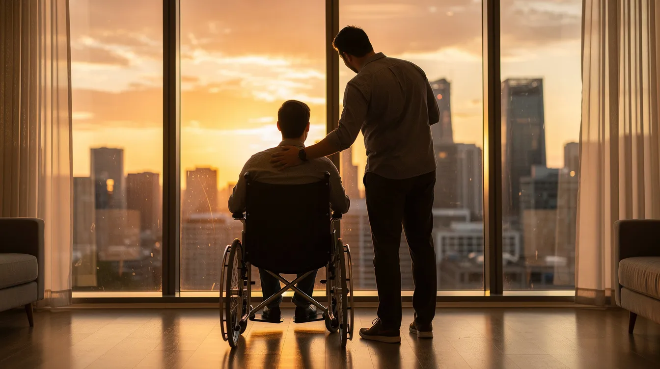 Zwei Männer, einer im Rollstuhl und der andere stehend daneben, blicken gemeinsam aus einem großen Fenster auf die städtische Skyline von Paris bei Sonnenuntergang. Diese Szene spiegelt die Freundschaft und das Leben der Hauptfiguren Philippe und Driss aus dem Film "Ziemlich beste Freunde" wider.
