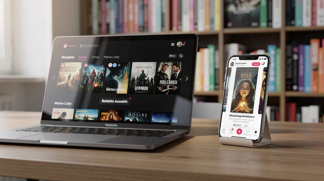 Auf dem Bild ist ein Laptop-Bildschirm zu sehen, der eine Streaming-Oberfläche zeigt, während daneben ein Smartphone im vertikalen Kurzvideoformat steht. Im Hintergrund befindet sich ein Bücherregal, das auf eine Auseinandersetzung mit Medien und Kulturwissenschaften hinweist, und die Szene vermittelt einen Eindruck von modernem Studium und Forschung im Bereich der Filmgeschichte und Medienästhetik.