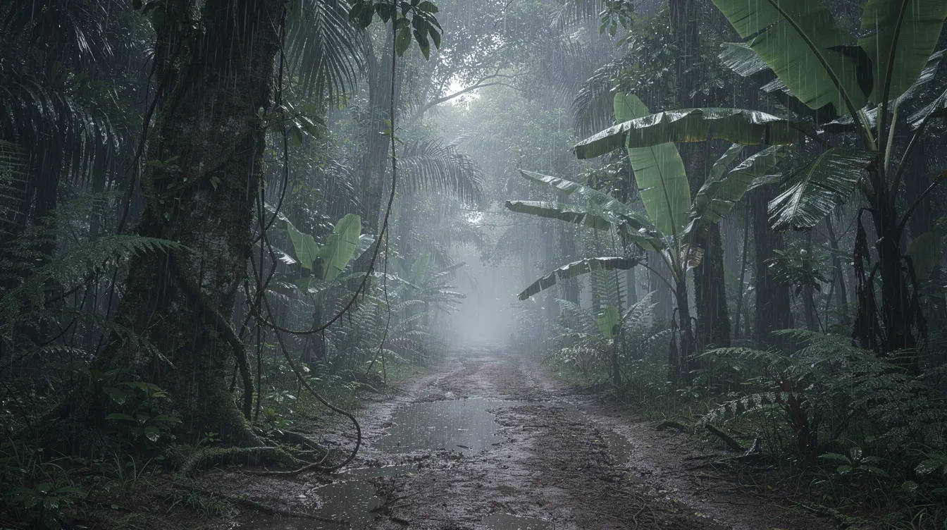 Ein dichter Dschungelpfad ist im strömenden Regen zu sehen, umgeben von üppiger tropischer Vegetation und geheimnisvollem Nebel, der an die spannungsgeladene Atmosphäre von "Jurassic Park" erinnert. Die feuchte Umgebung vermittelt das Gefühl, als könnte jederzeit ein Dinosaurier aus dem Dickicht auftauchen, was an die Abenteuer von Alan Grant und Dr. Ian Malcolm erinnert.