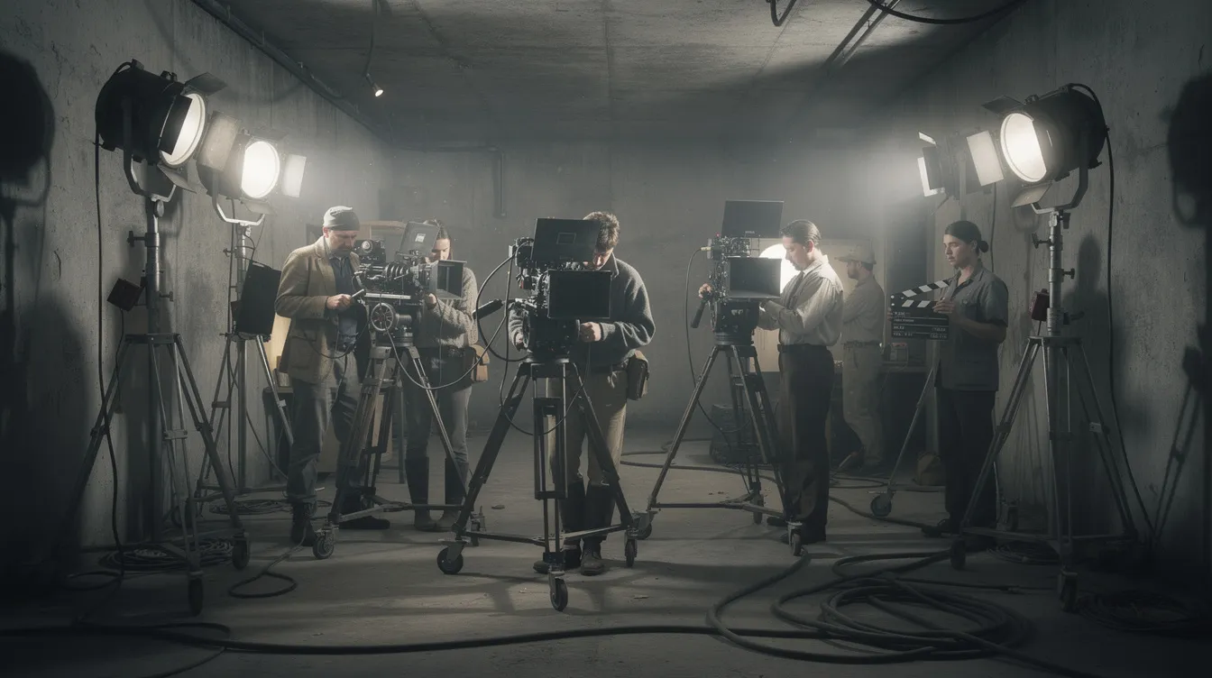 Das Bild zeigt ein Filmset, das die Atmosphäre der historischen Dreharbeiten zum Thema "Untergang" einfängt, mit Kameraleuten und Scheinwerfern in einem engen, betongrauen Raum. Die Szenerie vermittelt den Eindruck einer intensiven Filmszene, die sich mit dem Ende des Dritten Reiches und den letzten Tagen Adolf Hitlers befasst.