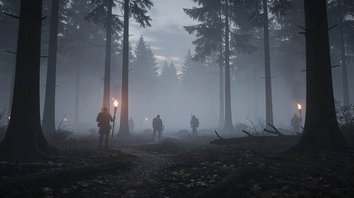 Die Weitwinkelaufnahme zeigt eine neblige Waldlandschaft bei Dämmerung, in der Silhouetten von Soldaten mit Fackeln zwischen den Bäumen sichtbar sind. Diese mystische Szene erinnert an die epischen Kampfszenen aus dem Film "Gladiator", in dem Maximus und seine Feinde sich in der Dunkelheit gegenüberstehen.