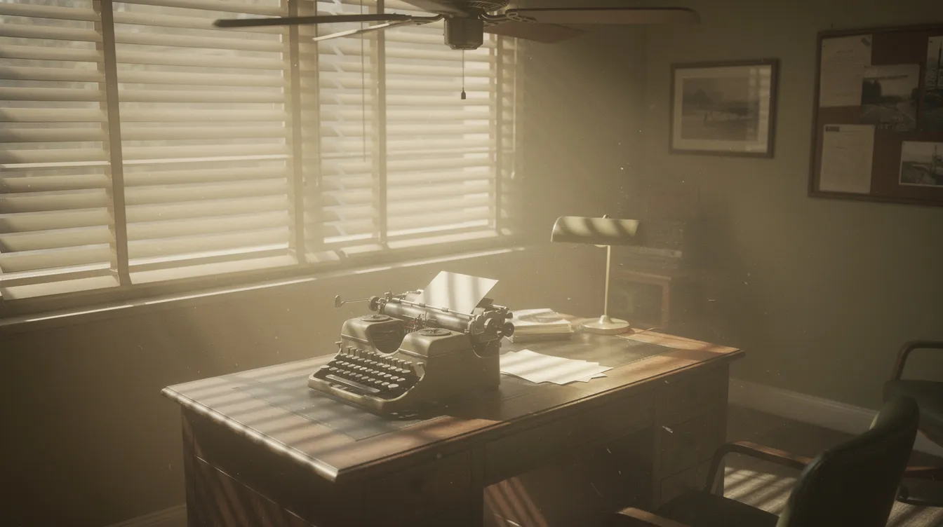 Der Innenraum eines Büros im Stil der 1950er Jahre zeigt einen Schreibtisch mit einer Schreibmaschine, auf dem Licht- und Schattenstreifen von den Jalousien fallen. An der Decke dreht sich ein Ventilator, was dem Raum eine nostalgische Atmosphäre verleiht, die an die Ära von Film Noir und Korruption in Los Angeles erinnert.