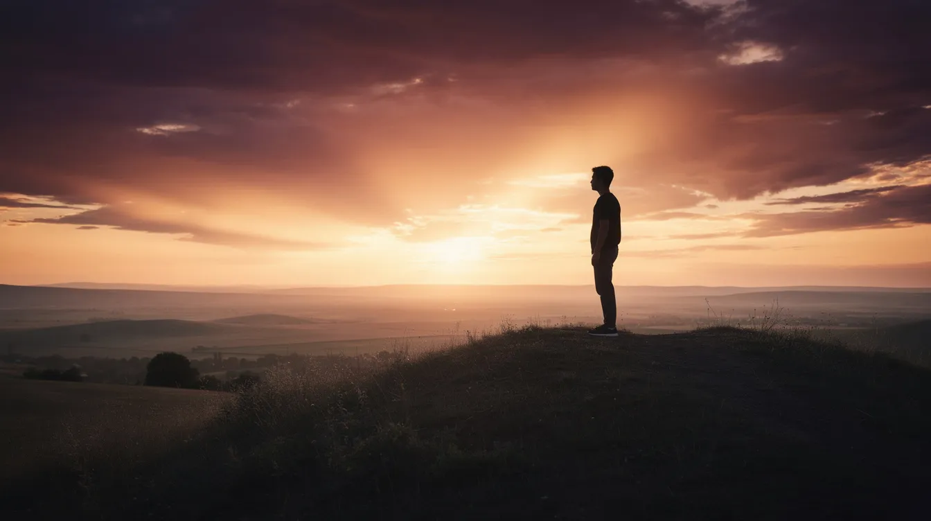 Die Silhouette eines jungen Menschen, der auf einem Hügel steht und in einen dramatischen Sonnenuntergang blickt, erinnert an die Abenteuer von Luke Skywalker in "Star Wars Episode IV: Eine neue Hoffnung". Im Hintergrund erstreckt sich eine weite Ebene, die die Weite der Galaxis symbolisiert.