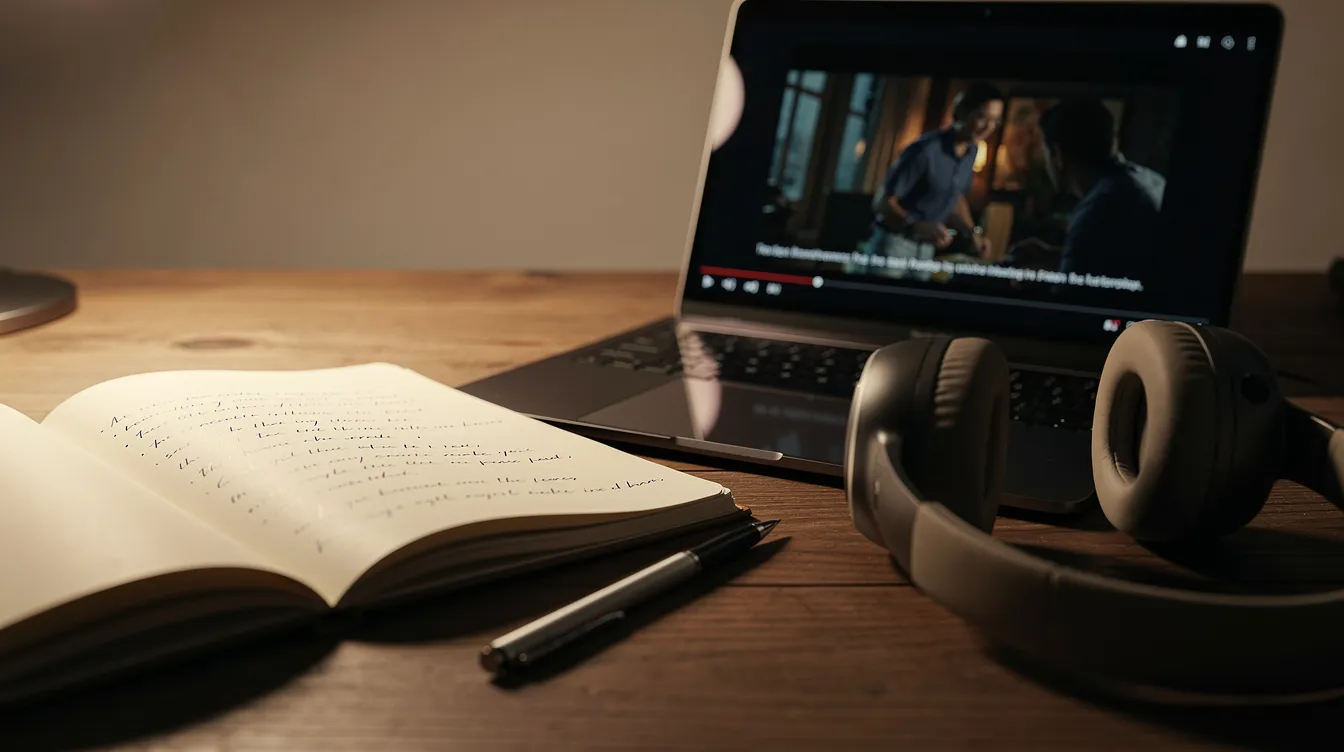 Das Bild zeigt ein aufgeschlagenes Notizbuch neben einem Laptop, dessen Bildschirm eine pausierte Filmszene zeigt. Daneben liegen ein Stift und Kopfhörer, was auf eine Analyse von Filmklassikern oder eine Auseinandersetzung mit Filmsprache und -technik hinweist.