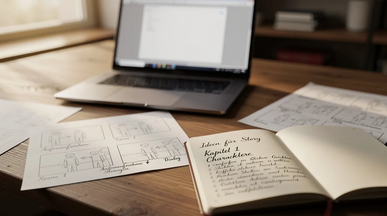 Auf dem Schreibtisch liegt ein aufgeklappter Laptop neben handschriftlichen Notizen in einem Notizbuch und mehreren skizzierten Storyboard-Zeichnungen auf Papier, während warmes Tageslicht durch ein Fenster strömt. Diese kreative Arbeitsumgebung spiegelt den Prozess der Filmkonzeption und die Planung eines Filmprojekts wider.