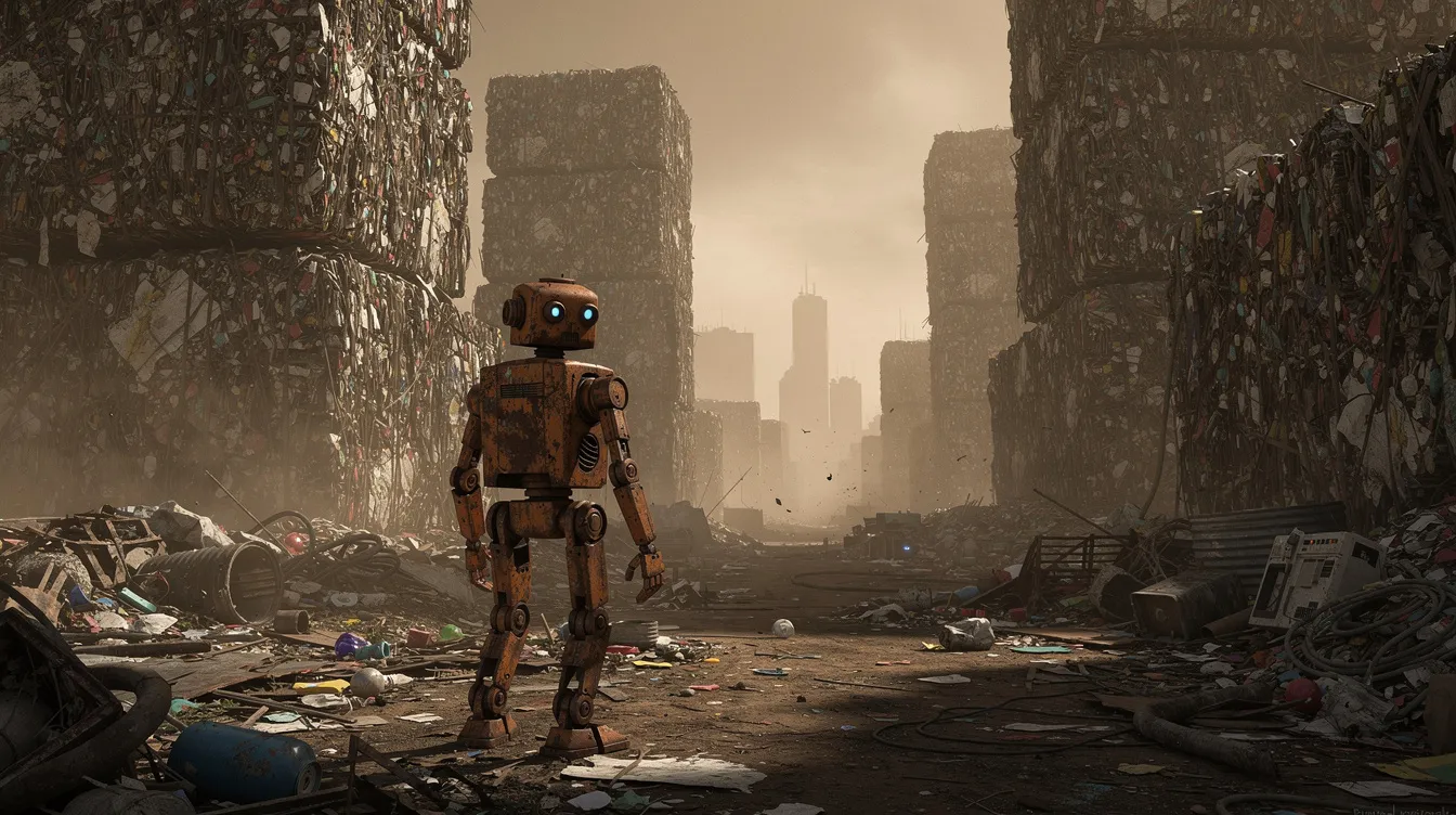 Ein einsamer, verrosteter kleiner Roboter steht vor riesigen Türmen aus gepresstem Müll, während ein staubig-brauner Himmel über der verlassenen Erde schwebt. Diese Szene erinnert an "Wall·E - Der letzte räumt die Erde auf", wo der Roboter eine wichtige Aufgabe hat, um die Welt von Müll zu befreien.