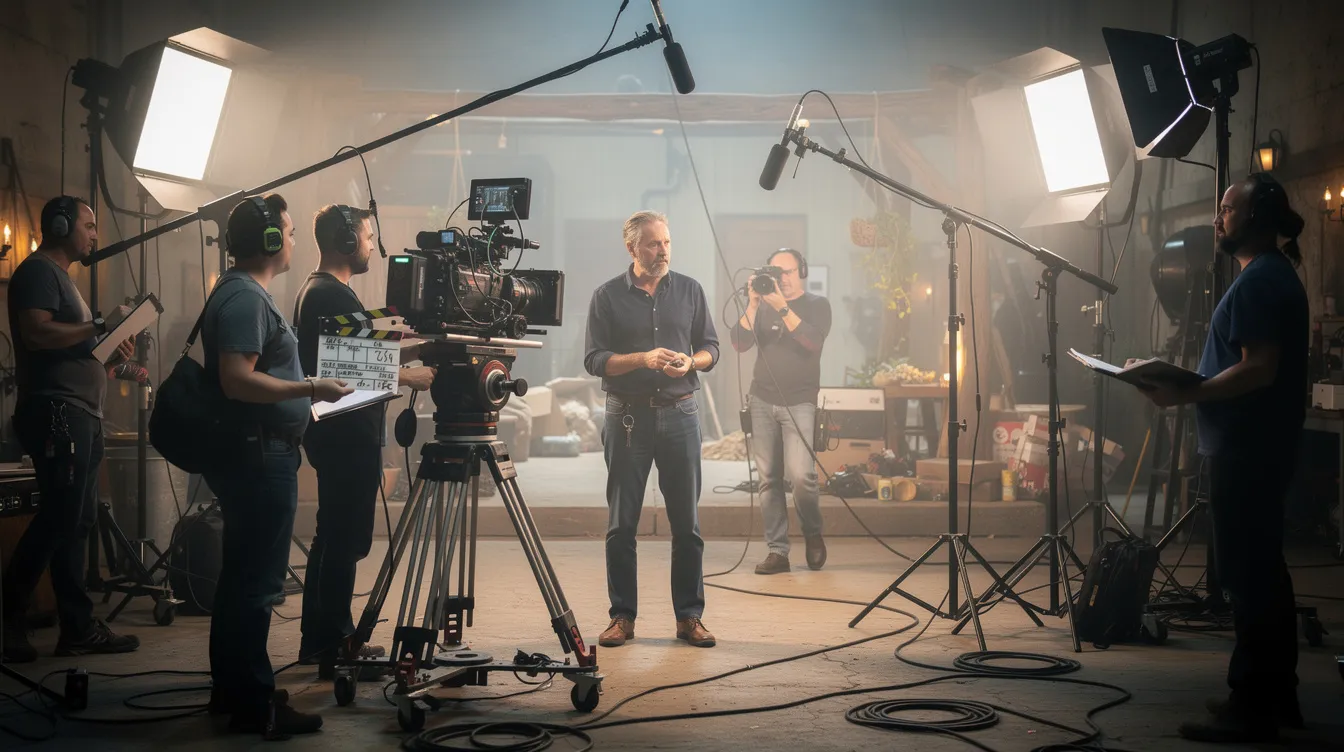 Auf dem Bild sieht man einen Regisseur, der auf einem Filmset arbeitet, umgeben von Kamera-Equipment und Crew-Mitgliedern, während eine intensive Arbeitsatmosphäre herrscht. Diese Szene erinnert an Quentin Tarantinos Film "Kill Bill", der für seine dynamische Regie und eindrucksvolle Besetzung bekannt ist.
