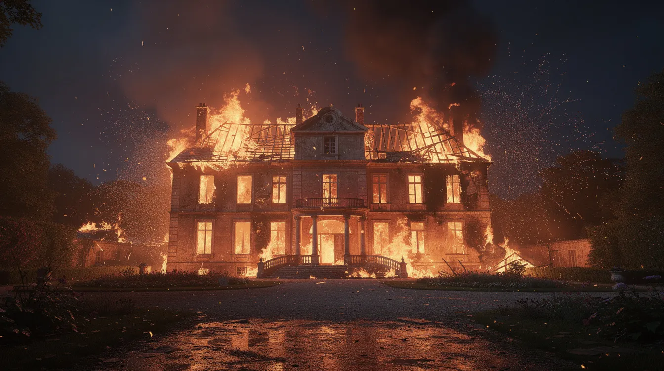 Ein großes Herrenhaus steht in Flammen, dramatisch beleuchtet vor einem dunklen Nachthimmel, während Funken und Rauch aufsteigen. Diese Szene erinnert an die spannungsgeladene Handlung aus Quentin Tarantinos Film "Django Unchained", in dem Themen wie Sklaverei und der Bürgerkrieg behandelt werden.
