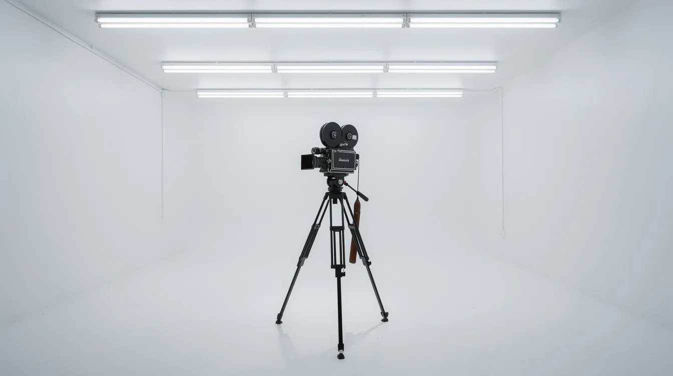 In einem kahlen, weiß gestrichenen Raum steht eine Filmkamera auf einem Stativ, umgeben von Neonröhren, die ein kühles Licht erzeugen. Diese Szene könnte Teil einer Filmanalyse über "Einen flog über das Kuckucksnest" sein, in der die Themen von Ordnung und Rebellion in der Psychiatrie behandelt werden.