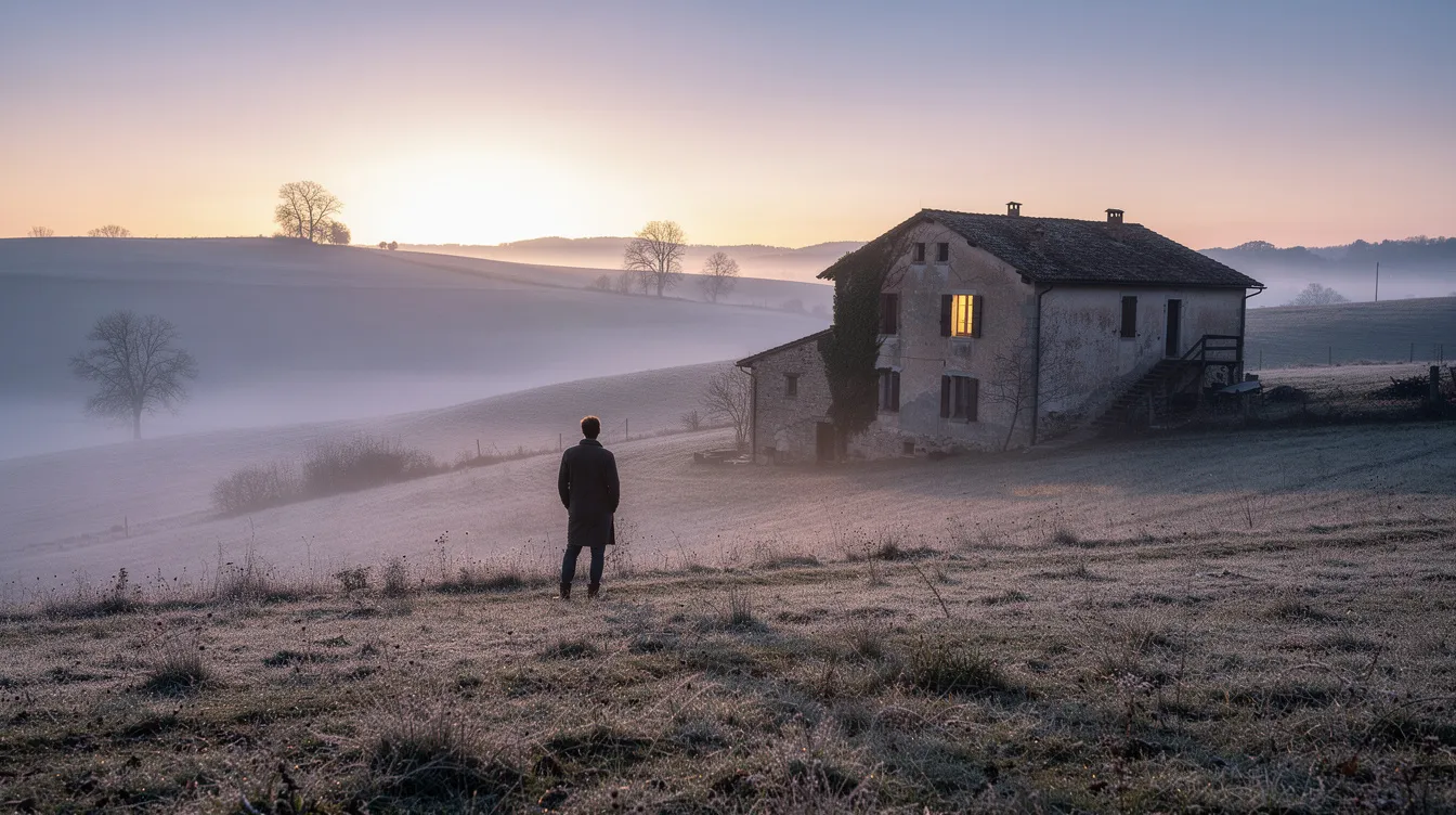 Die stimmungsvolle Morgendämmerung über der hügeligen Landschaft zeigt ein altes Landhaus im Hintergrund, das symbolisch für Neuanfang und kritische Reflexion steht. Diese Szenerie erinnert an die Atmosphäre von "Gone with the Wind" und lädt dazu ein, über die Geschichten und Figuren wie Scarlett O'Hara und Rhett Butler nachzudenken.