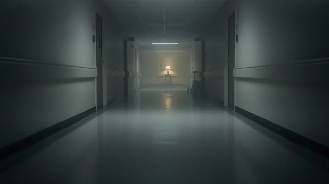 Ein leerer, schwach beleuchteter Krankenhausflur vermittelt eine stille und melancholische Atmosphäre, während eine einzelne Lampe am Ende des Flurs schwach leuchtet. Diese Szenerie könnte an die emotionalen Herausforderungen erinnern, die im Drama "Million Dollar Baby" thematisiert werden, wo der Kampf um Träume und das Leben im Mittelpunkt stehen.