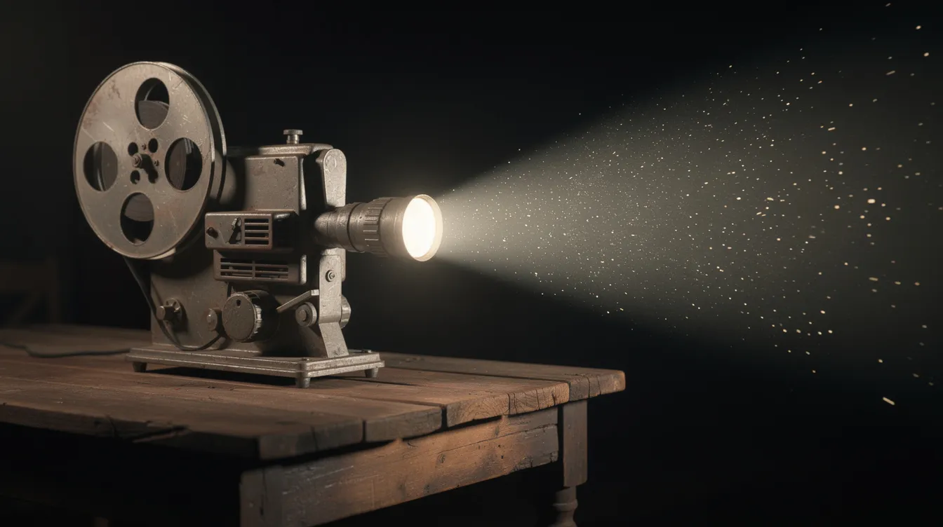 Ein vintage Filmprojektor steht auf einem Holztisch und wirft einen Lichtstrahl in einen dunklen Raum, wobei Staubpartikel sichtbar im Licht tanzen. Diese Szene erinnert an die Tradition des Geschichtenerzählens durch Film und könnte aus einem Pixar-Film stammen, der die Magie des Kinos verkörpert.