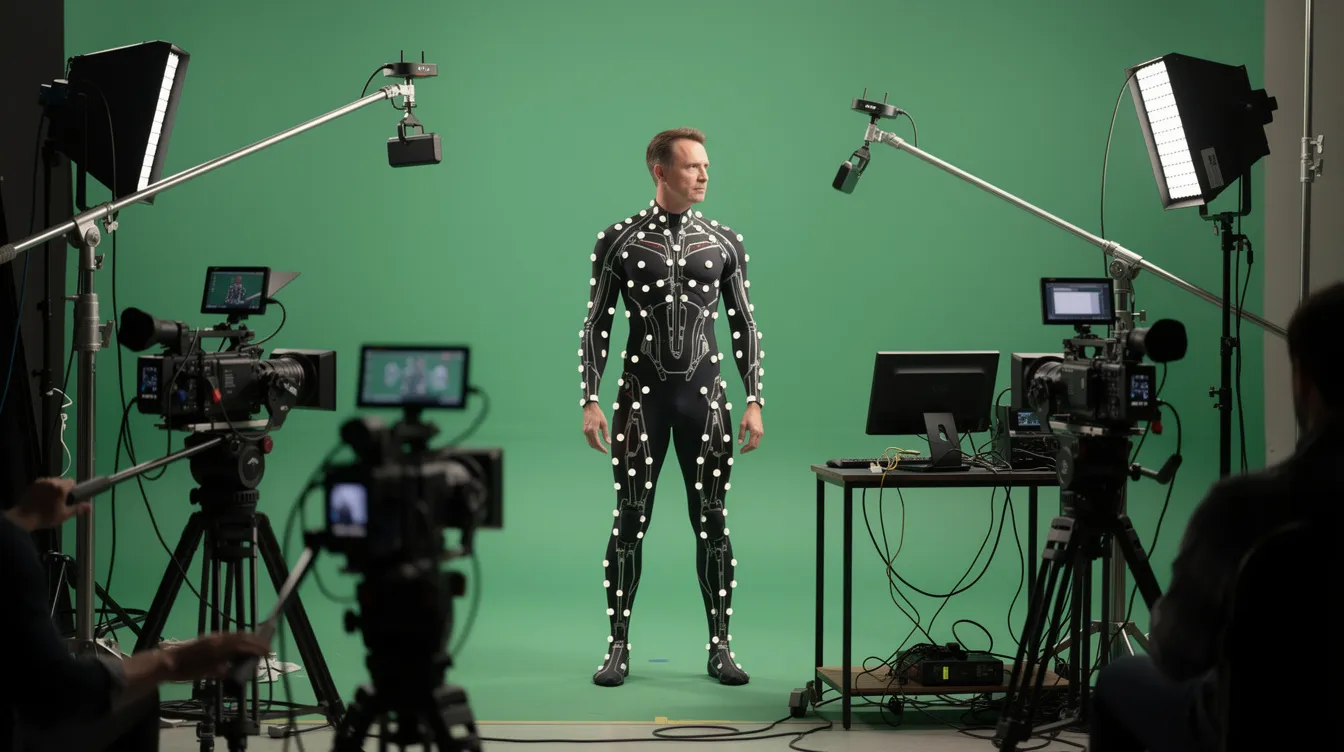 Ein Schauspieler in einem enganliegenden Anzug mit Markierungspunkten steht vor einem grünen Hintergrund, umgeben von Kameras und technischen Geräten, die für die Filmanalyse und Produktion des Marvel Cinematic Universe, einschließlich "Avengers Infinity War", verwendet werden. Die Szene vermittelt den Eindruck eines aufwendigen Filmsets, das für die Entwicklung von Superhelden-Charakteren wie Thanos und Tony Stark genutzt wird.