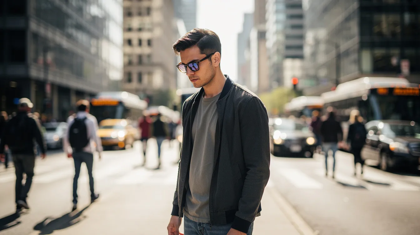 Ein nachdenklicher junger Mann mit Brille steht allein auf einer belebten Großstadtstraße bei Tageslicht und blickt in die Ferne, während um ihn herum das geschäftige Treiben der Stadt New York stattfindet. Diese Szene erinnert an den Charakter Peter Parker aus dem Film "Spider-Man" von 2002, der ebenfalls oft zwischen seinen Gedanken und dem hektischen Leben als Superheld hin- und hergerissen ist.