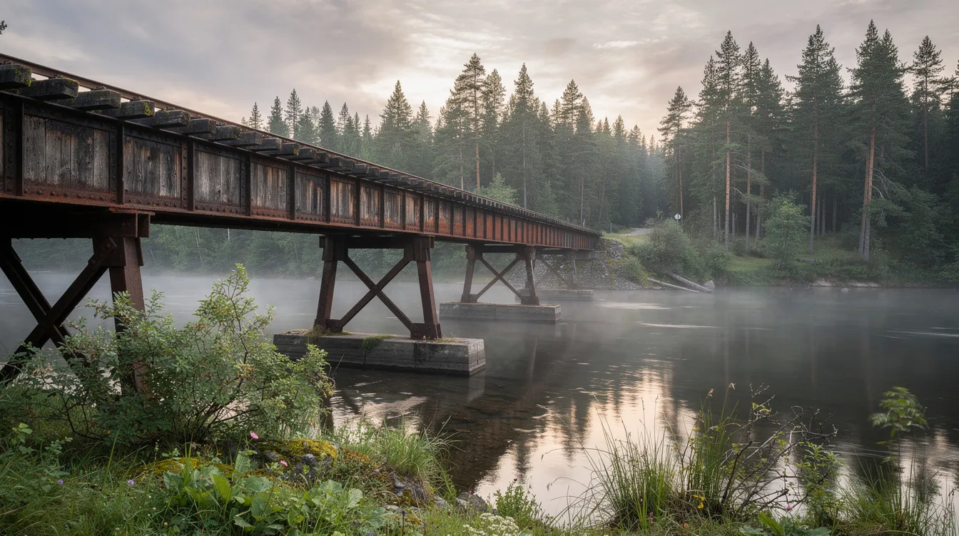 Die alte Eisenbahnbrücke aus Holz und Stahl überspannt einen malerischen Fluss, umgeben von dichten Nadelbäumen und üppiger grüner Natur, die an die Abenteuer der Jungen aus "Stand by Me – Das Geheimnis eines Sommers" erinnern. Diese Szenerie vermittelt das Gefühl von Freiheit und Freundschaft in einer idyllischen Kleinstadt.
