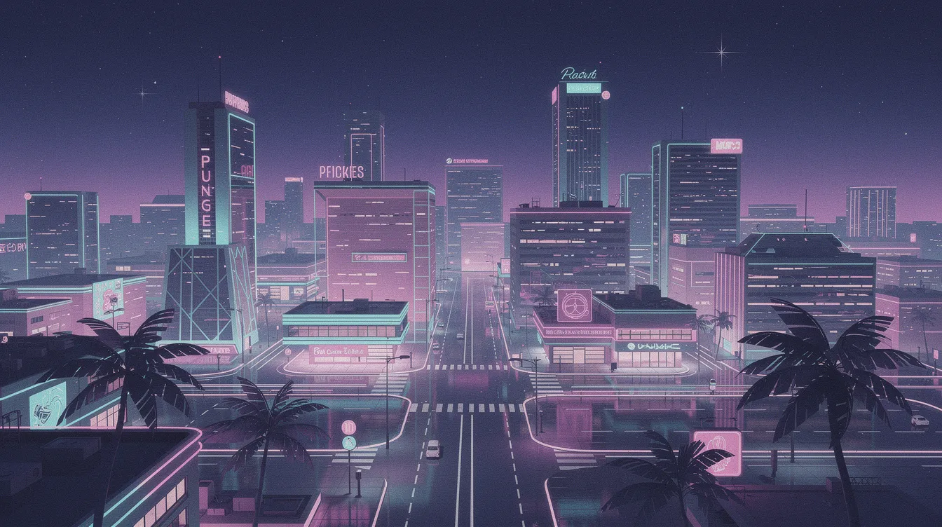 Die nächtliche Skyline einer Großstadt erstrahlt in bunten Neonlichtern, umgeben von Palmen und pastellfarbenen Gebäuden, die an den Stil der 1980er Jahre erinnern. Diese Szene könnte aus einem Film wie "Scarface" stammen, in dem das Leben eines Drogenbarons in Miami thematisiert wird.