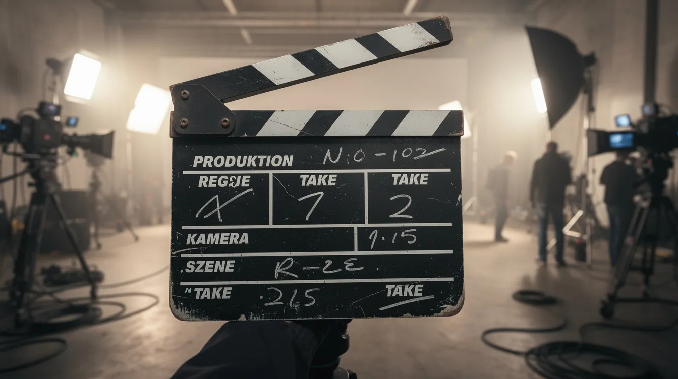 Die Nahaufnahme zeigt eine Filmklappe, die vor einem Filmset platziert ist, umgeben von Scheinwerfern und Kameras. Im Hintergrund sind die Elemente eines typischen Filmsets zu erkennen, die die Atmosphäre einer spannenden Geschichte, möglicherweise einer Fortsetzung oder Vorgeschichte, hervorrufen.