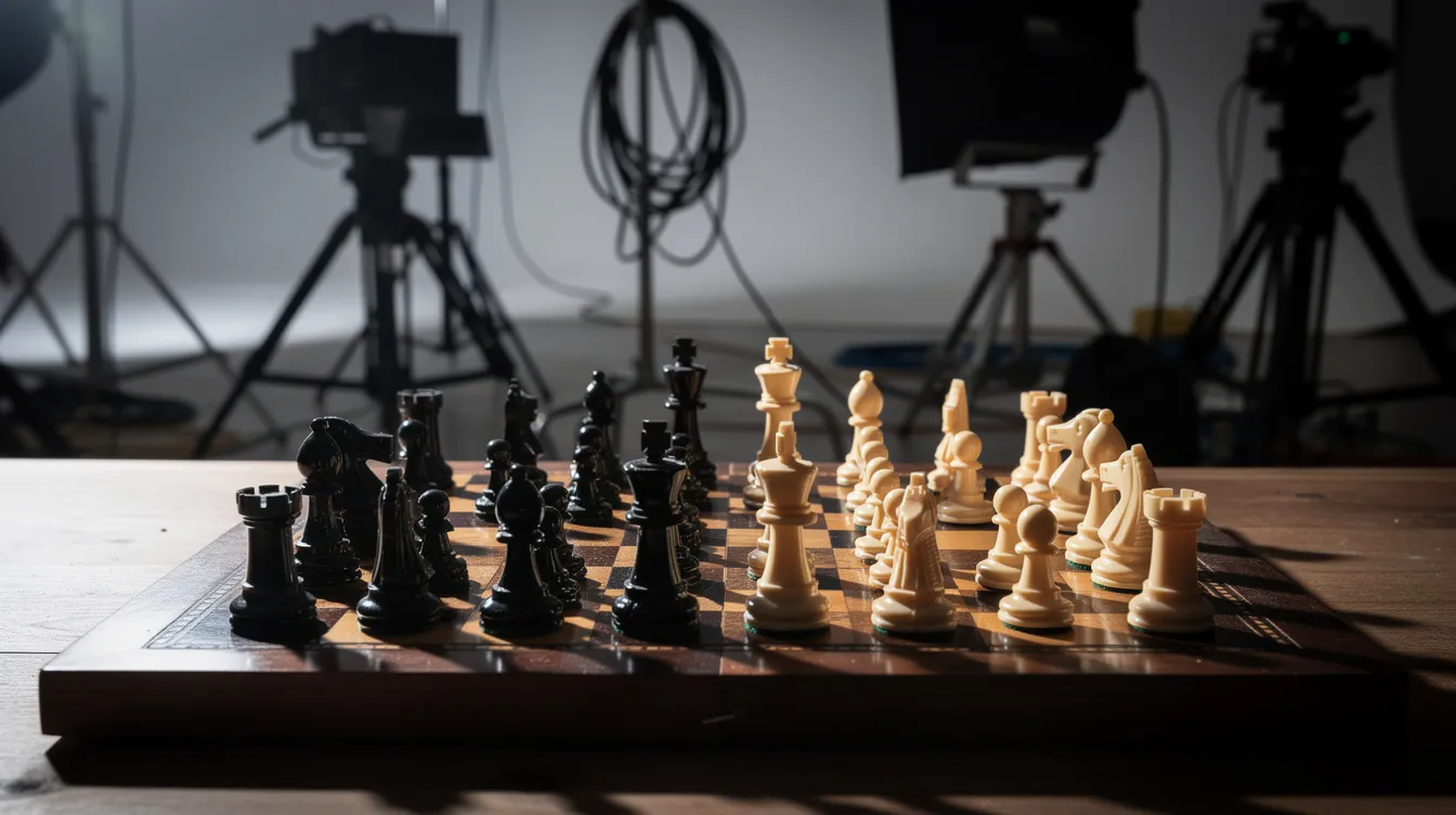 Das Bild zeigt ein Schachbrett mit aufgestellten Figuren, beleuchtet von dramatischer Seitenbeleuchtung. Im Hintergrund sind unscharfe Filmausrüstungen und Kabel auf einem Set zu erkennen, was an die kreative Atmosphäre erinnert, die Regisseure wie Stanley Kubrick während der Dreharbeiten ihrer ikonischen Filme wie "2001: Odyssee im Weltraum" und "A Clockwork Orange" schufen.