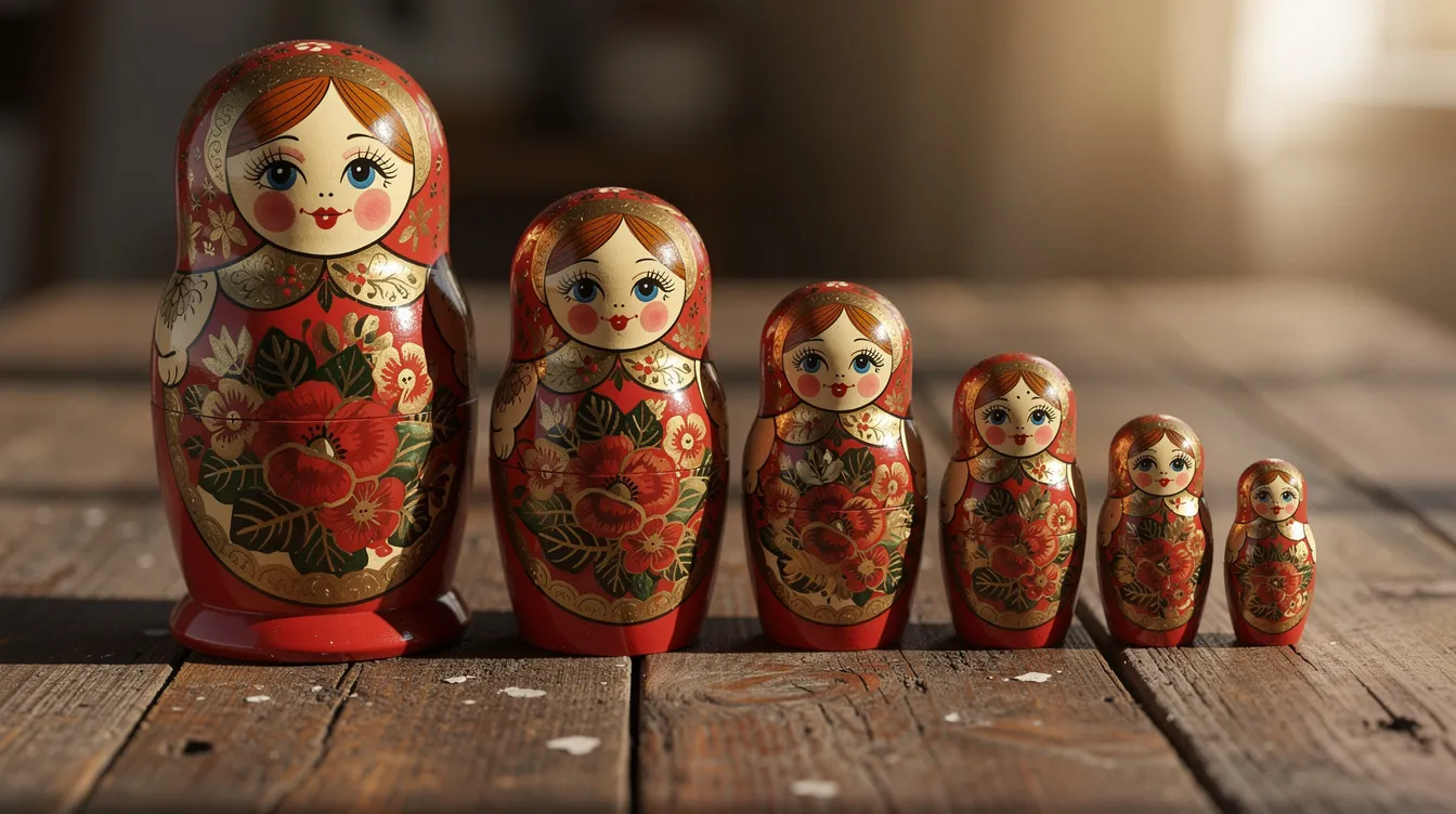 Auf einem hölzernen Tisch sind ineinander verschachtelte russische Matrjoschka-Puppen in warmem Licht angeordnet, von groß nach klein. Diese Darstellung erinnert an die Erzähltheorie, in der jede Puppe eine eigene Geschichte erzählt und somit die verschiedenen Ebenen des Erzählens symbolisiert.