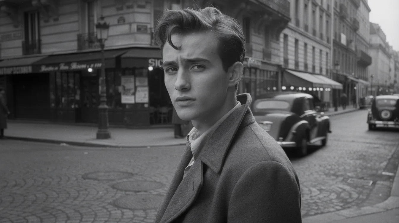 Ein junger Mann mit weichem Gesicht und nachdenklichem Blick steht an einer Straßenecke im Paris der 1950er-Jahre, eingefangen in einer Schwarz-Weiß-Fotografie, die an den Filmklassiker "Les Quatre Cents Coups" von François Truffaut erinnert. Die Szene vermittelt das Gefühl von Rebellion und Auflehnung, typisch für die Nouvelle Vague und die Herausforderungen des Lebens in Frankreich.