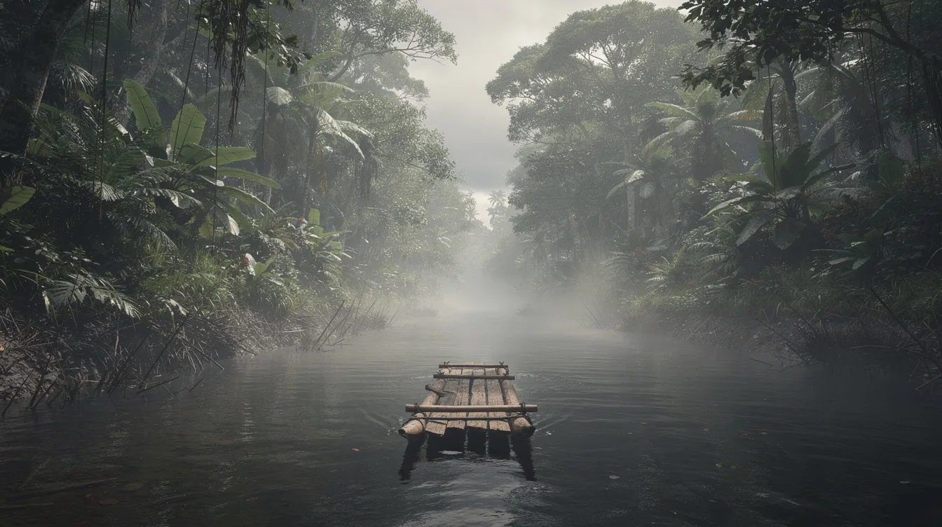 Das Bild zeigt einen ruhigen Dschungelfluss, der von einem Floß befahren wird, während dichter, tropischer Regenwald beide Ufer umgibt. Die neblige Lichtstimmung verleiht der Szene eine geheimnisvolle Atmosphäre, die an die besten Filme der 70er Jahre erinnert.