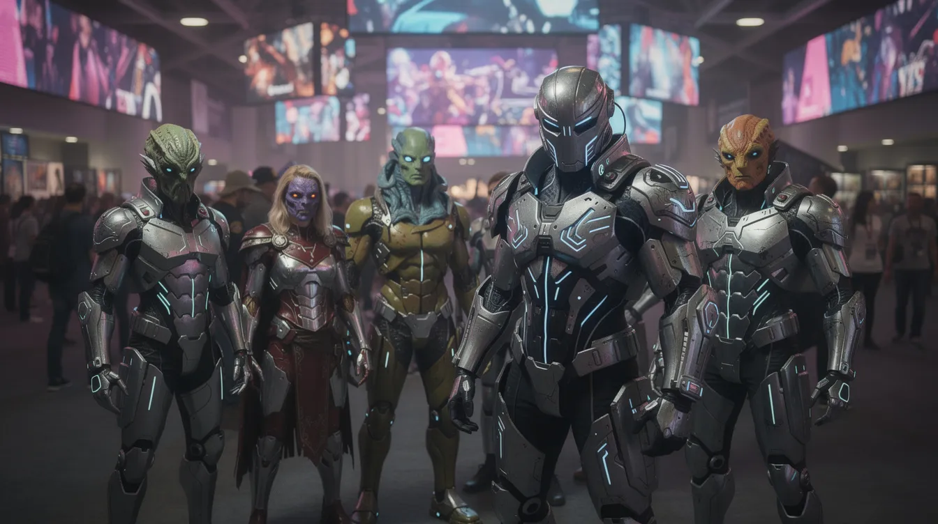 Eine Gruppe von Menschen in aufwendigen Science-Fiction-Kostümen, darunter verschiedene Alien-Masken und Rüstungen, posiert auf einer Convention, während im Hintergrund bunte Lichter leuchten. Diese Szene erinnert an die Welt von "Star Wars Episode IV: Eine neue Hoffnung" und zieht Fans des Klassikers in ihren Bann.