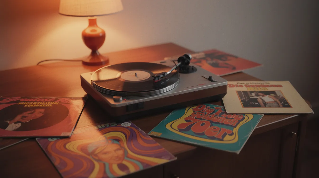 Ein stilvoller Plattenspieler im Retro-Design der 1970er-Jahre spielt eine Vinyl-Schallplatte ab, während bunte LP-Cover um ihn herum angeordnet sind und warmes Lampenlicht eine nostalgische Atmosphäre schafft. Diese Szene erinnert an die kreative Welt von Quentin Tarantino, in der Musik und Film eine zentrale Rolle spielen.