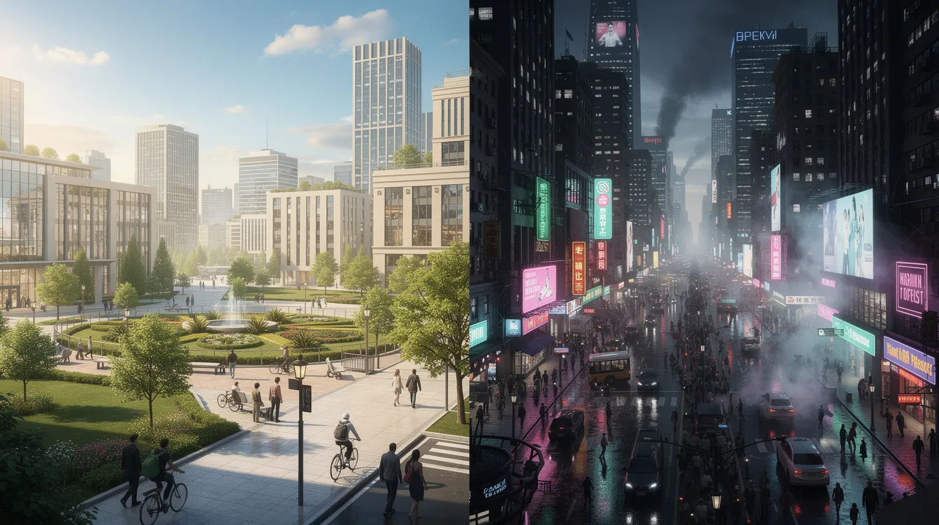 Das Bild zeigt auf der linken Seite eine helle, saubere Stadt mit viel Grün und Sonnenlicht, während die rechte Seite eine dunkle, überfüllte Megacity mit Rauch und Neonlichtern darstellt. Dieser Kontrast zwischen Utopie und Dystopie spiegelt die Themen von Science-Fiction-Filmen wider, die oft die Herausforderungen und Konflikte der Menschheit in der Gegenwart thematisieren.