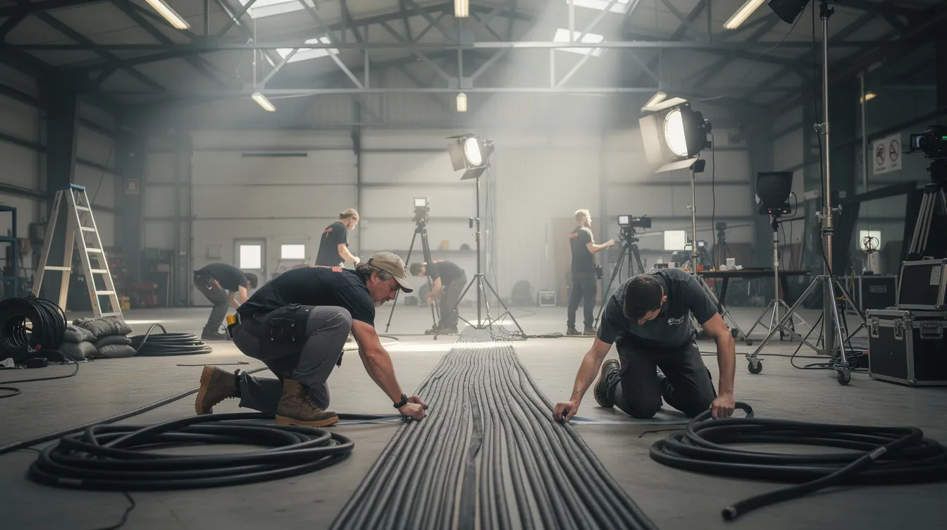 Auf dem Filmset in einer Industriehalle sind Mitglieder der Filmcrew beschäftigt, dicke Stromkabel zu verlegen und Lichtstative aufzubauen. Der Gaffer und der Best Boy Electric koordinieren die Arbeiten, um die richtige Beleuchtung für die Produktion sicherzustellen.