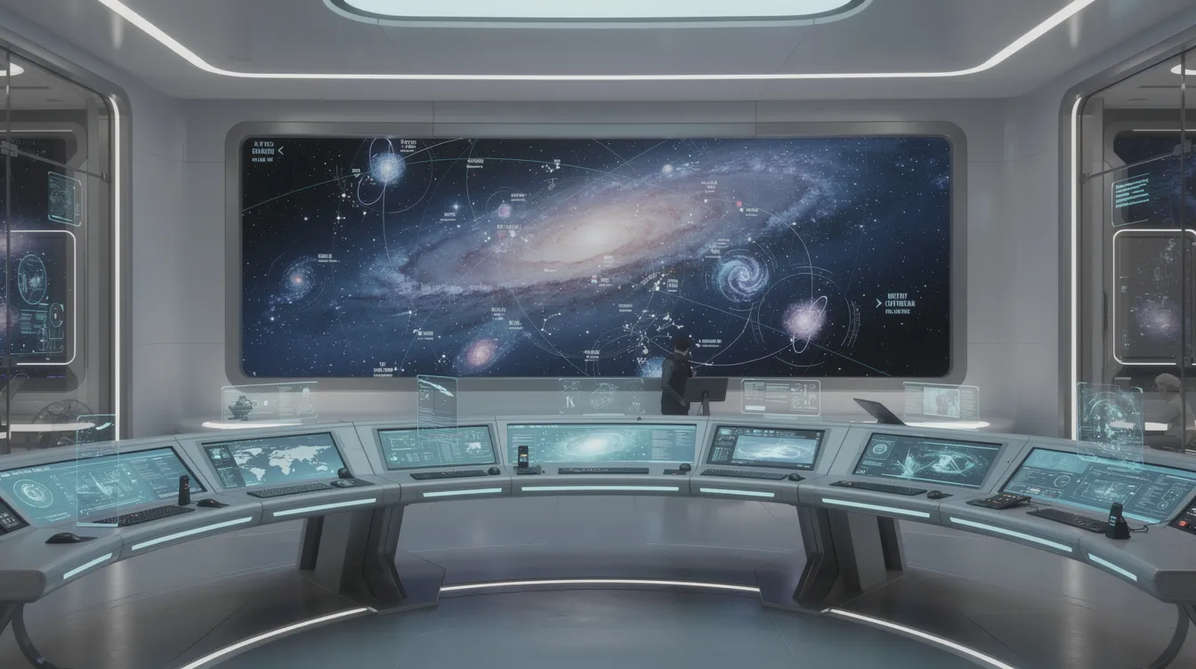 Das Bild zeigt einen futuristischen Kontrollraum, der an die Raumschiff Enterprise aus der Serie "Star Trek: The Next Generation" erinnert. Eine halbrunde Konsole mit sanfter Beleuchtung und ein großer Bildschirm, der eine detaillierte Sternenkarte anzeigt, sind zentrale Elemente dieser Szene.