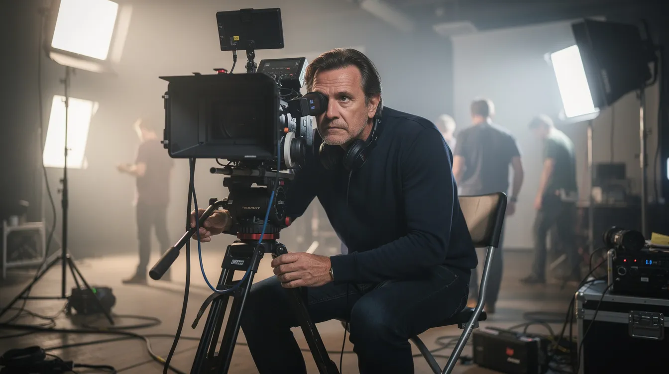 Ein Filmregisseur, ein afroamerikanischer Mann, sitzt konzentriert hinter einer Kamera auf einem Set und blickt durch den Sucher, während im Hintergrund Scheinwerfer und Crew-Mitglieder zu sehen sind. Die Atmosphäre ist geprägt von der kreativen Energie eines Filmprojekts.