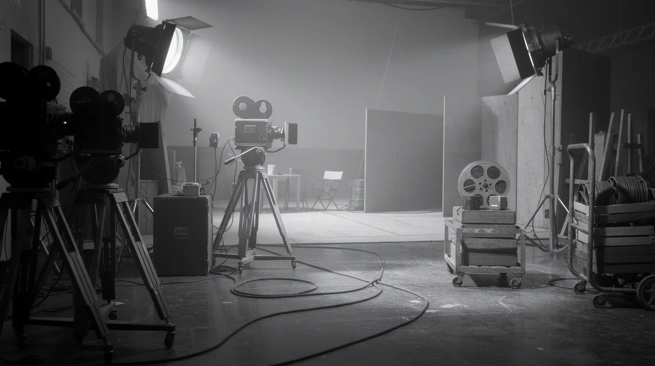 Das Bild zeigt ein Filmset aus den 1930er Jahren, ausgestattet mit alten Kameras, Scheinwerfern und Filmrollen, die eine nostalgische Schwarz-Weiß-Atmosphäre erzeugen. Diese Szenerie erinnert an klassische Kriminalfilme und die Anfänge des Genres, in dem Spannung und Verbrechen im Mittelpunkt stehen.