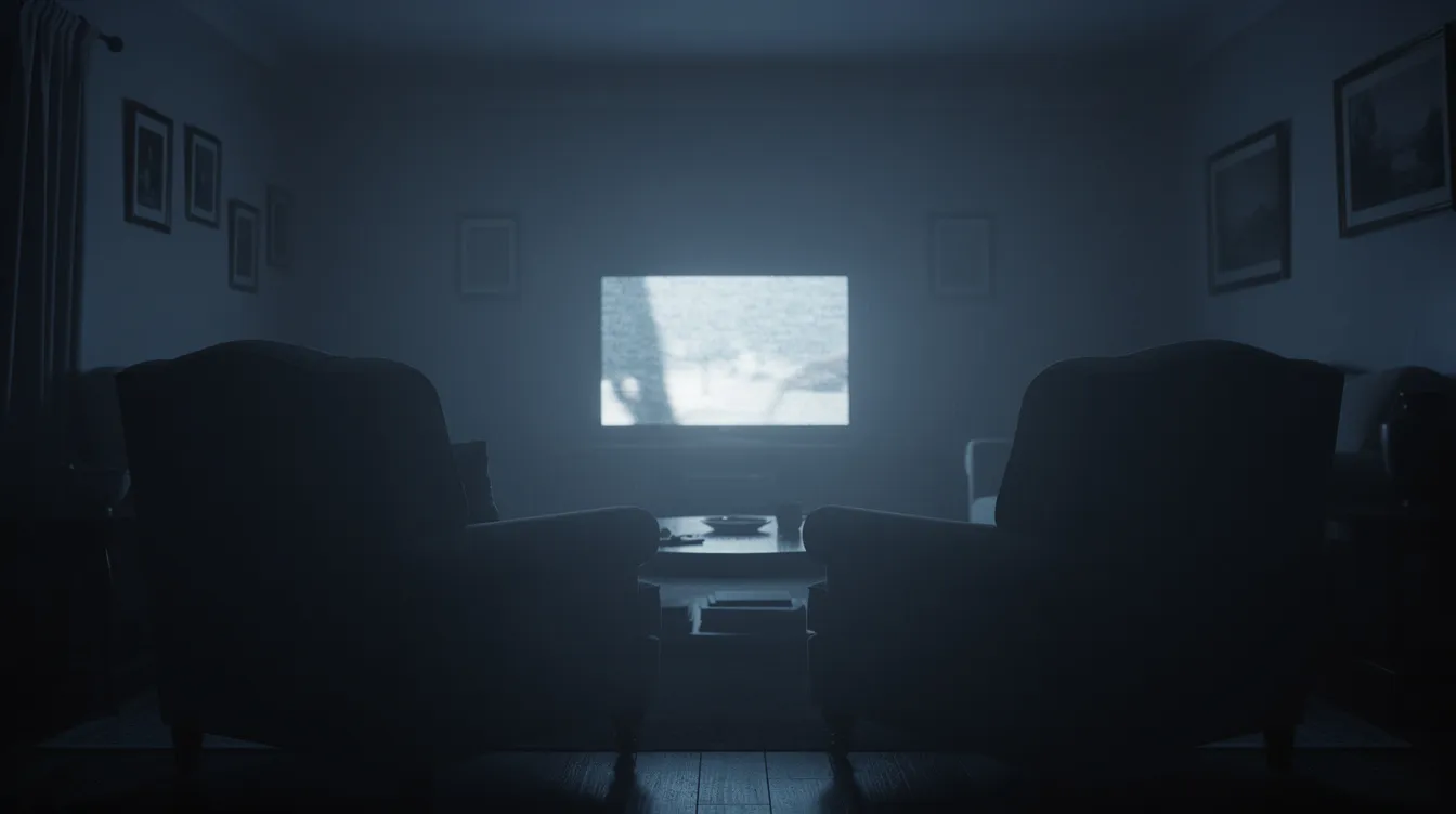 In einem dunklen Wohnzimmer strahlt ein einzelner Fernseher bläuliches Licht auf die leeren Sessel, was eine melancholische Atmosphäre schafft. Die Szene erinnert an die Intensität einer Nachrichtensendung, in der ein Nachrichtensprecher wie Howard Beale um die Aufmerksamkeit des Publikums kämpft.