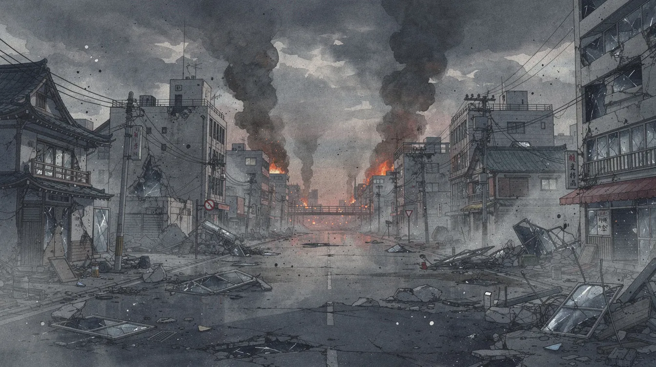 Die zerstörte japanische Stadtlandschaft zeigt rauchende Ruinen und vereinzelte Feuerscheine am Horizont, eingefangen im Aquarell-Anime-Stil mit dunklen Farben. Diese eindringliche Darstellung erinnert an die Themen des Films „Die letzten Glühwürmchen“ von Isao Takahata, der die Schrecken des Zweiten Weltkriegs thematisiert.