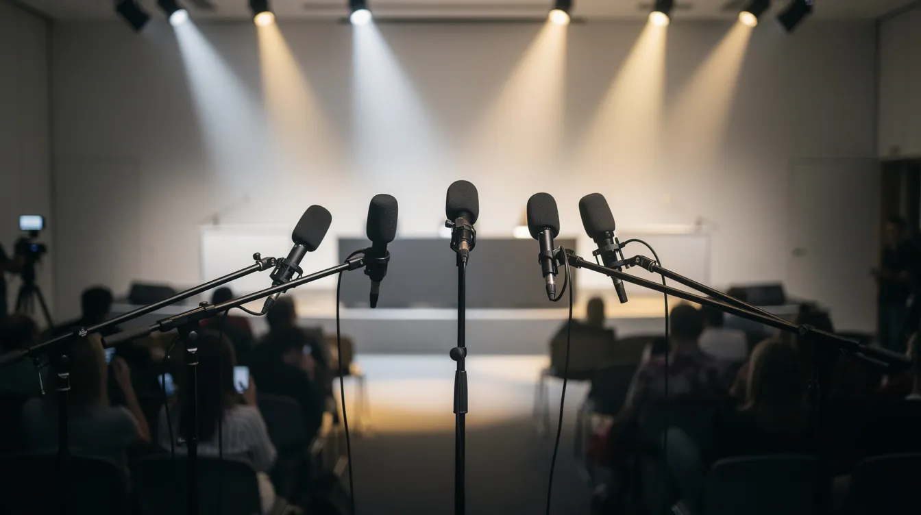 Die Pressekonferenz findet auf einer Bühne mit Mikrofonen und Scheinwerferlicht statt, während im Hintergrund ein Publikum zu sehen ist. Diese Veranstaltung könnte im Zusammenhang mit aktuellen Themen der Fernsehtechnologie stehen, wie zum Beispiel den neuesten Entwicklungen bei Smart TVs oder der Bildqualität von OLED- und QLED-Fernsehern.