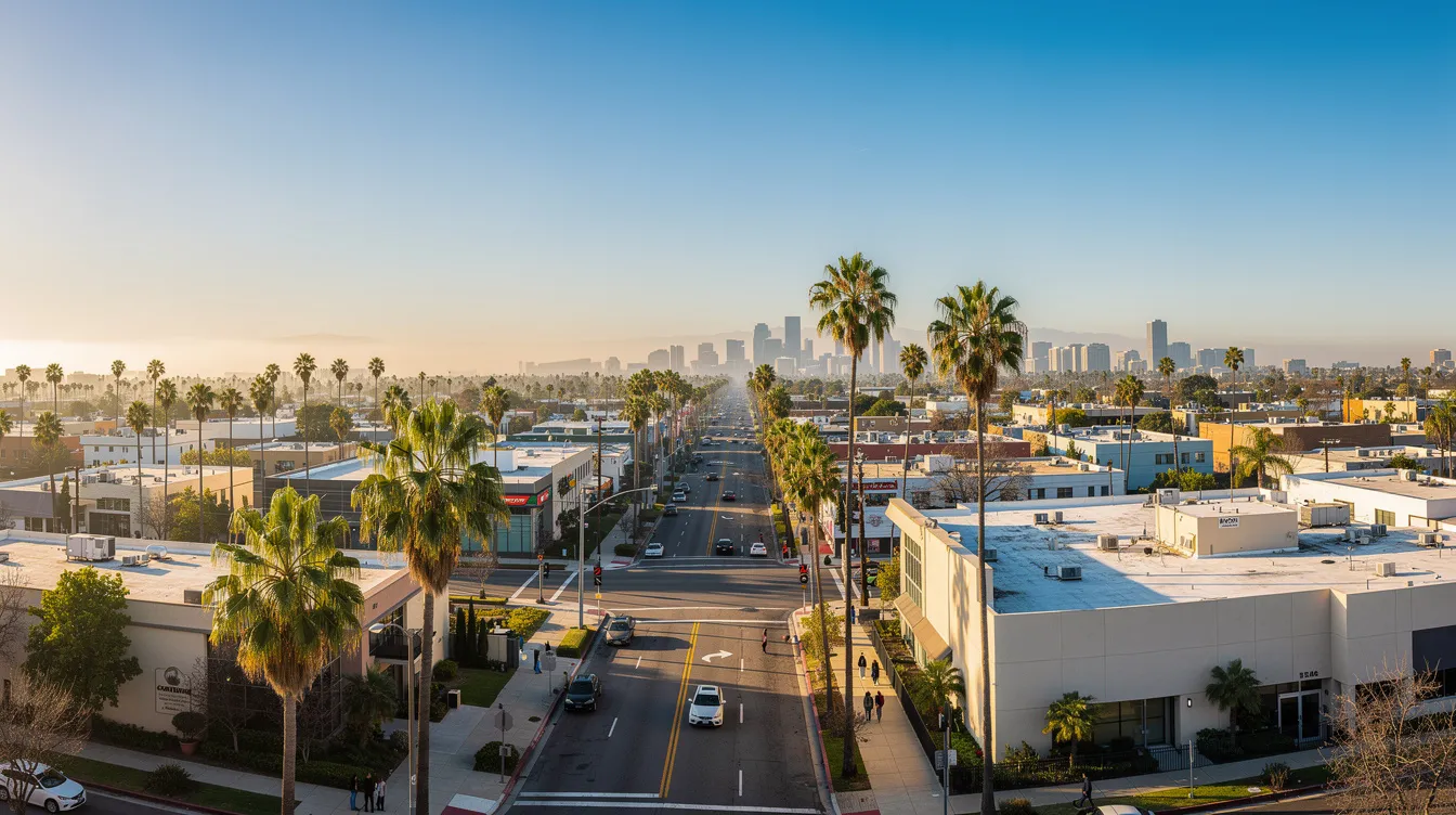 Ein Panoramablick auf eine sonnige Stadtlandschaft zeigt Palmen, breite Straßen und flache Gebäude im Stil von Los Angeles, die an die entspannte Atmosphäre des Films "The Big Lebowski" erinnern. Die Szene strahlt ein Gefühl von leichtem Lebensstil und urbanem Flair aus.