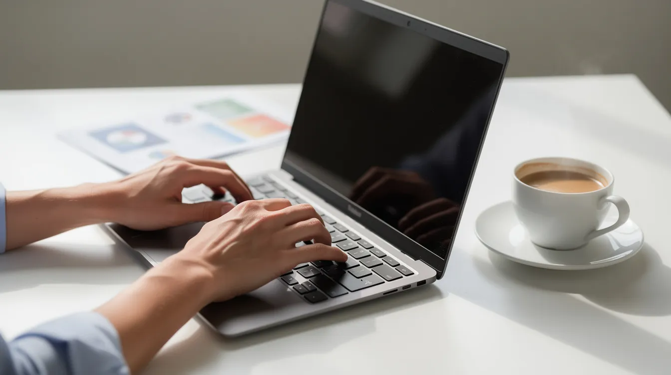 Die Hände eines Nutzers tippen konzentriert auf einer Laptop-Tastatur, während neben dem Laptop eine Kaffeetasse steht. Im Hintergrund ist unscharf ein gedrucktes Dokument mit farbigen Bildern zu sehen, das möglicherweise Ideen für ein Filmkonzept oder eine Medienproduktion enthält.