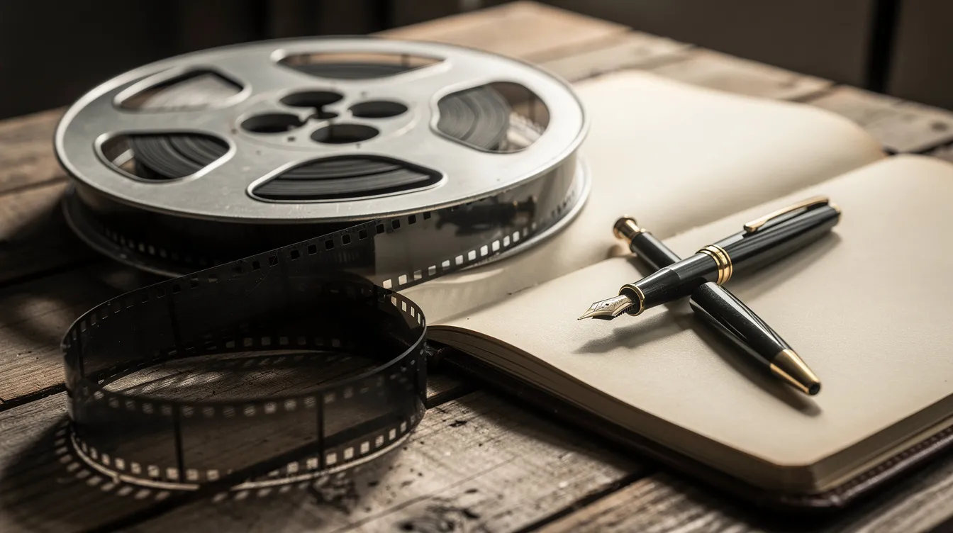 Auf einem Holztisch liegt eine alte Filmrolle aus schwarzweißem Zelluloid, daneben befindet sich ein aufgeschlagenes Notizbuch und ein Füllfederhalter, die zusammen eine Atmosphäre des kreativen Schaffens im Bereich Film und Kino vermitteln. Diese Szene könnte Teil einer filmkritischen Betrachtung über die Bedeutung von Film und Regie in der Geschichte der Kunstform sein.