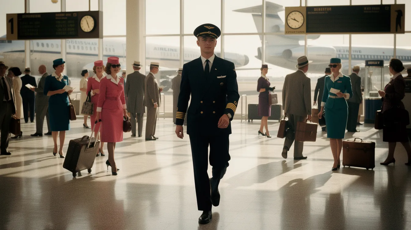 Ein junger Mann in einer Pilotenuniform schreitet selbstbewusst durch ein geschäftiges Flughafenterminal der 1960er Jahre, umgeben von elegant gekleideten Stewardessen und Reisenden. Die Szenerie erinnert an die glamouröse Atmosphäre der damaligen Zeit, die oft in Filmen wie "Catch Me If You Can" dargestellt wird.