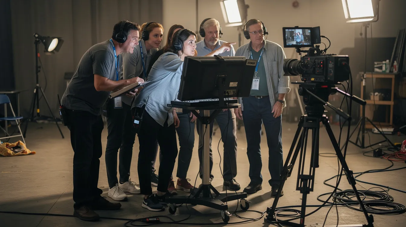 Ein Filmteam steht um einen Monitor am Set und diskutiert eine Einstellung für eine bevorstehende Aufnahme. Die Atmosphäre ist konzentriert, während die Mitglieder des Teams ihre Ideen und Vorschläge austauschen, um die Produktion zu optimieren.